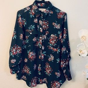 LOFT floral print grey button up blouse